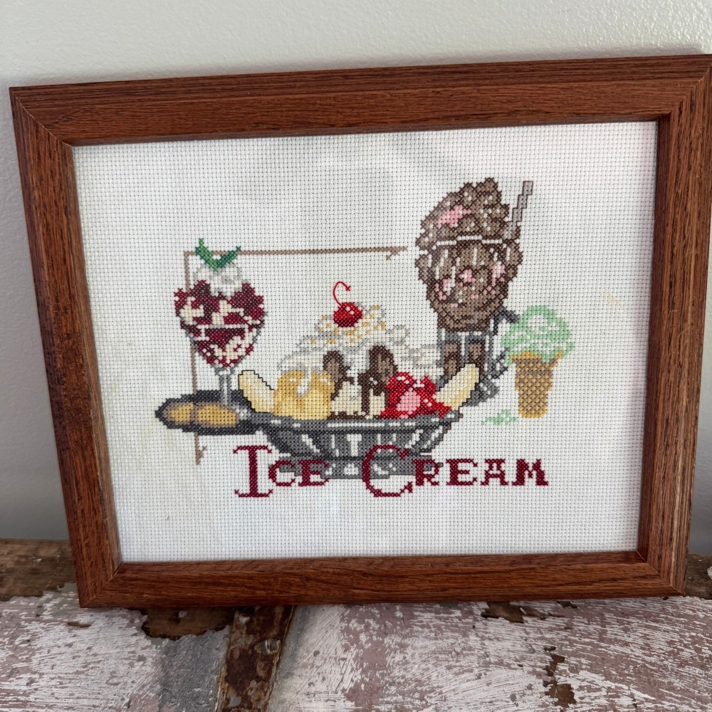 Vintage Handmade Ice Cream Cross Stitch Framed Needlepoint Gallery Wall Art